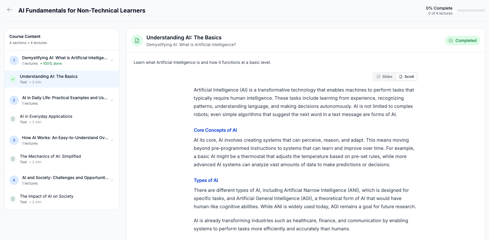 Structured content with tracked completion